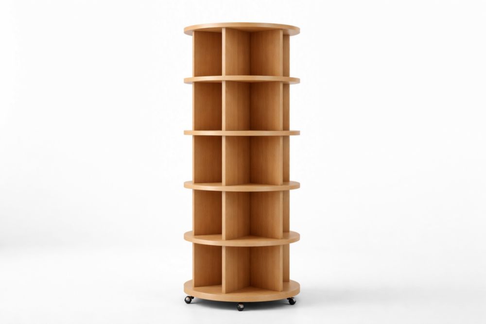Scaffale Rotondo in Legno Massello con Ruote 5 Ripiani Altezza 180 cm