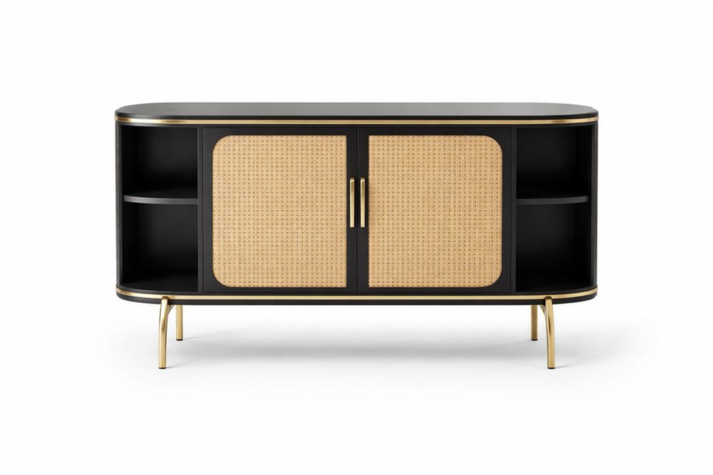 Credenza in legno e rattan con gambe in metallo 120x40x75 cm