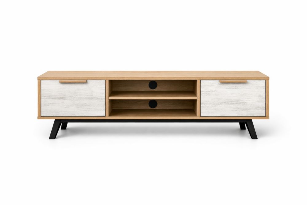 Mobile TV in MDF con Gambe in Metallo Rovere Bianco e Nero 150x45x40 cm