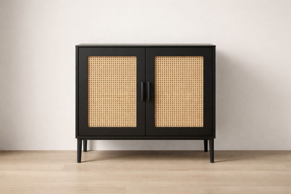 Credenza in Legno e Rattan Nero 80x80x40 cm