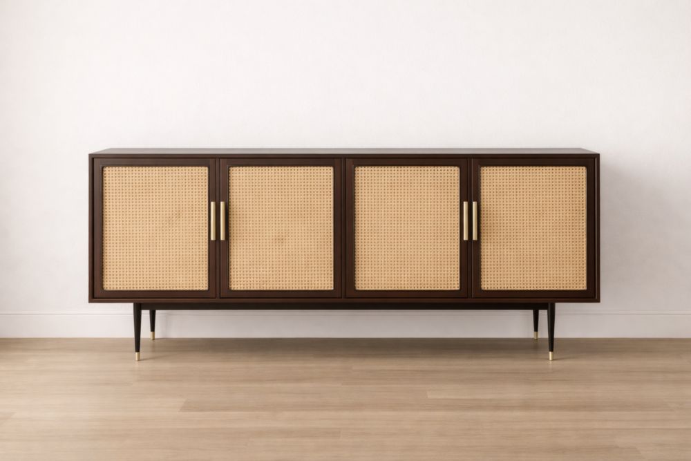 Credenza in Legno e Rattan con Maniglie in Metallo