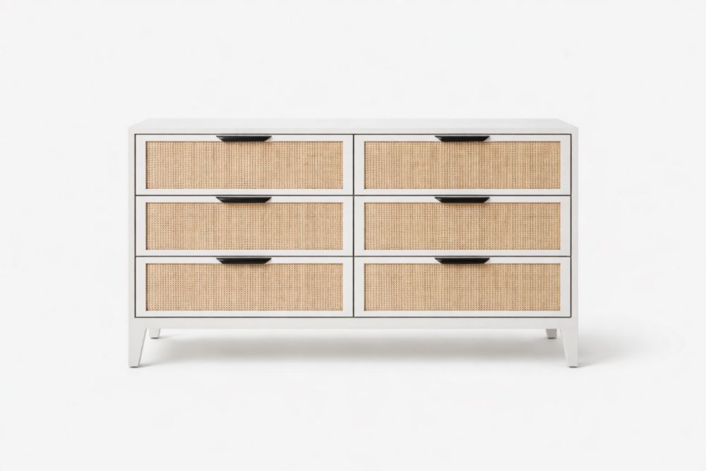 Cassettiera in MDF Bianco con Frontali in Rattan 6 Cassetti