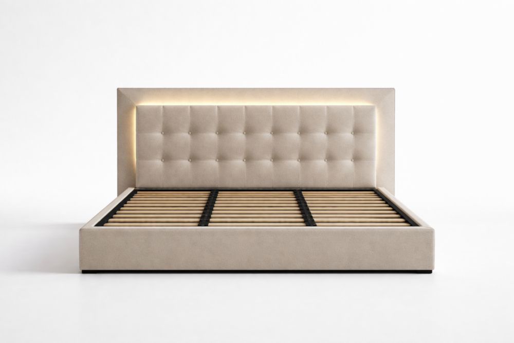 Letto imbottito in tessuto beige con illuminazione LED 200x160 cm