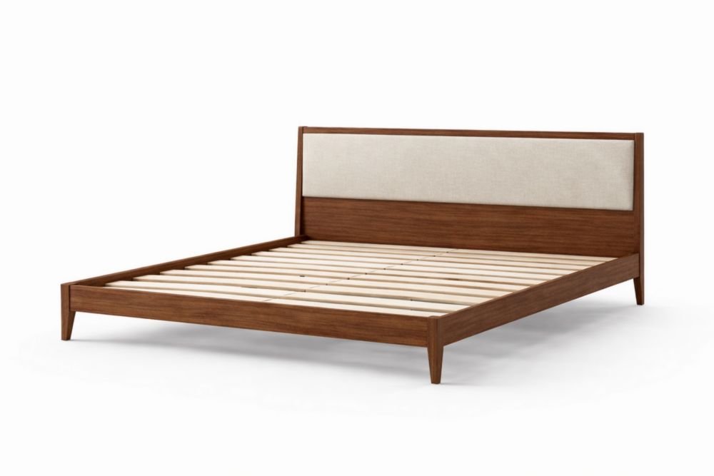 Letto matrimoniale in legno con testiera in tessuto lino 200x160 cm