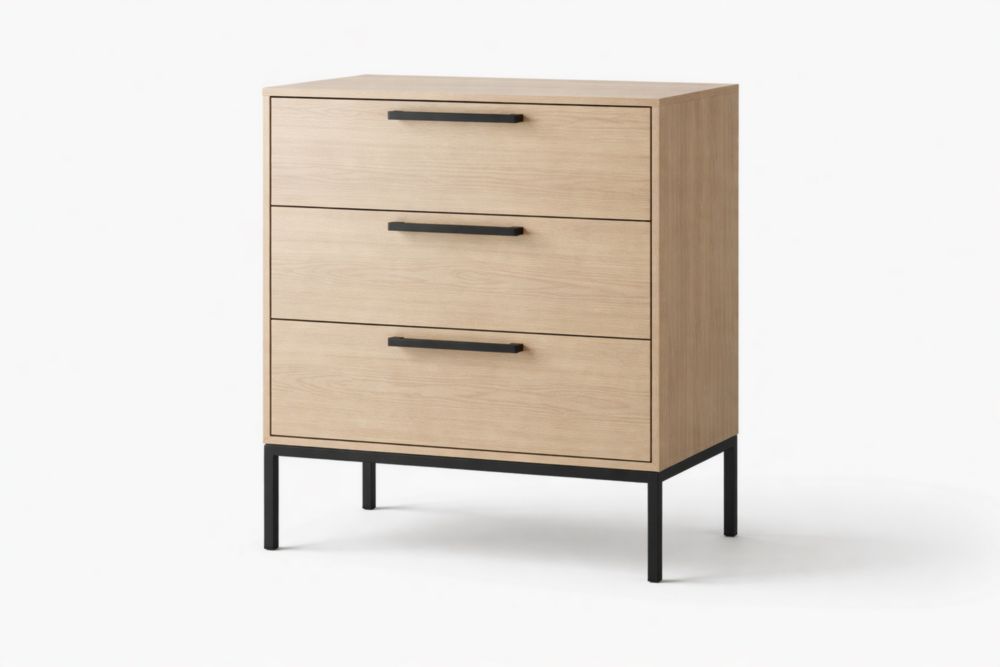 Cassettiera in legno compensato con 3 cassetti e struttura in metallo