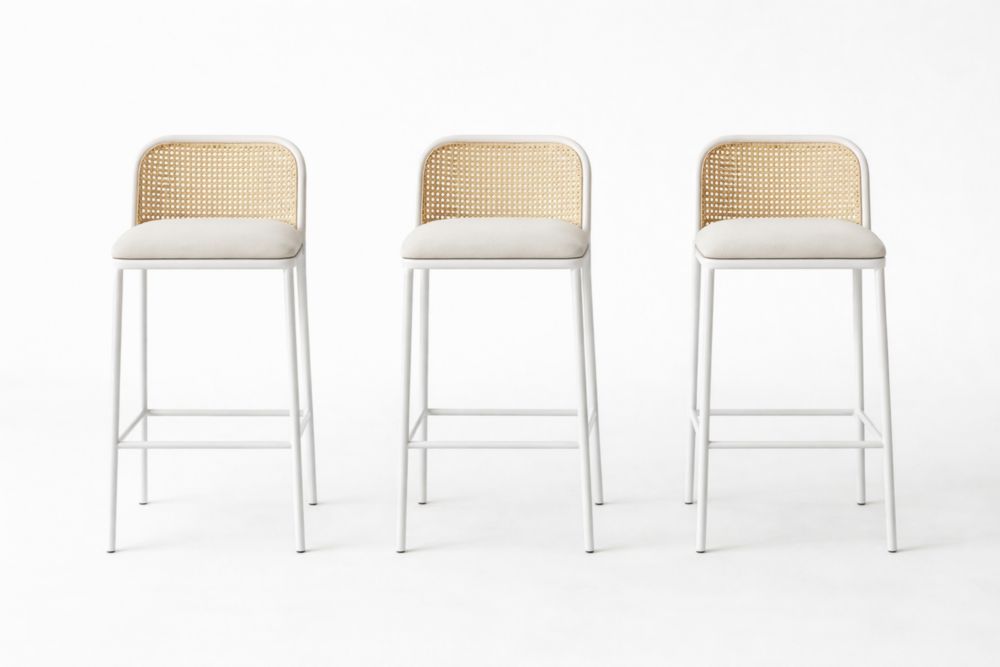 Set di 3 sgabelli da bar in metallo e rattan con seduta in tessuto Beige