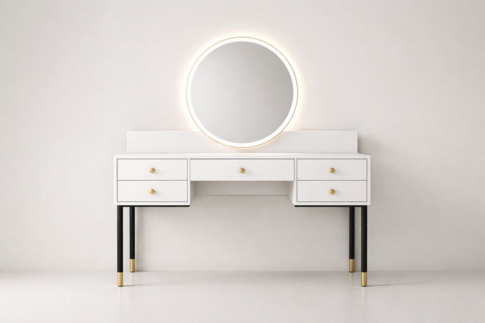 Tavolo da Toeletta con Specchio Rotondo LED Bianco e Nero