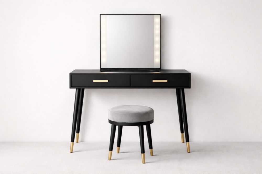 Tavolo da Trucco con Specchio a LED e Sgabello Nero Metallo