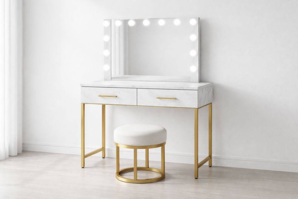 Set toeletta con specchio illuminato in MDF bianco e acciaio dorato