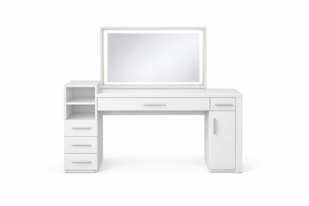 Tavolo da Trucco in MDF con Specchio LED e Cassetti Bianco