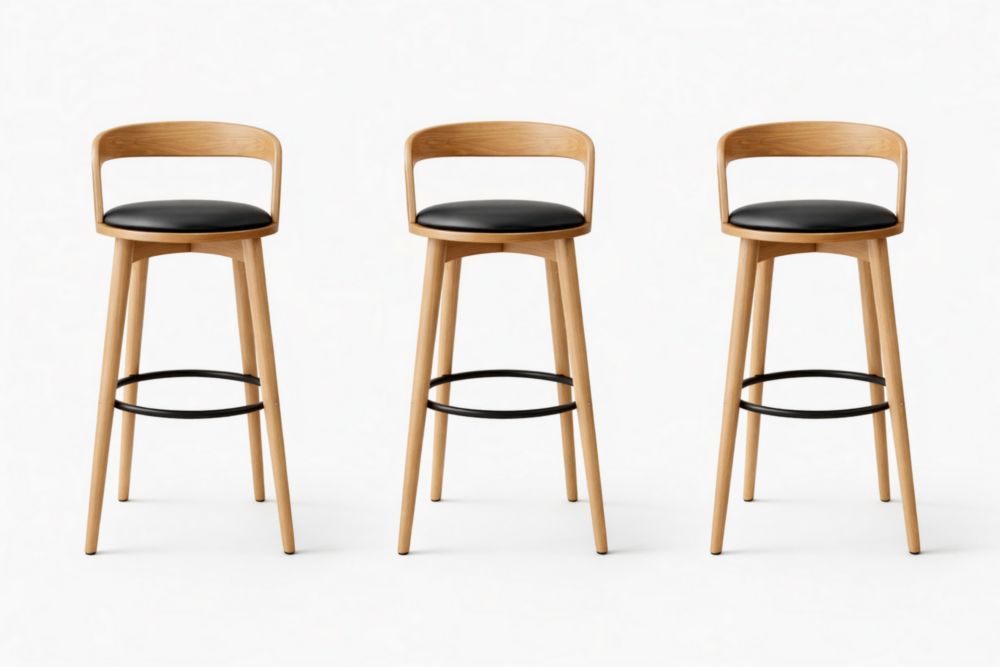 Set di sgabelli in legno e pelle nera 75cm