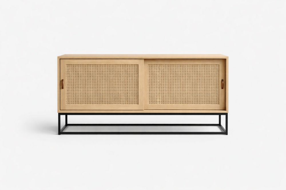 Credenza in Legno di Betulla e Rattan con Struttura in Metallo Nero