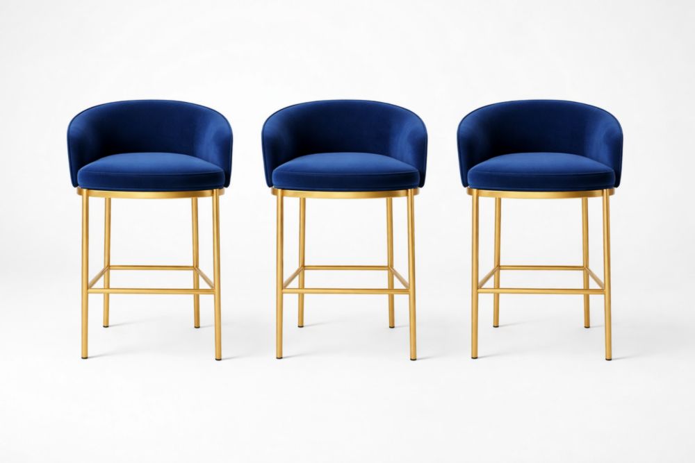 Set di 3 sgabelli da bar in velluto Blu con struttura in metallo Dorato