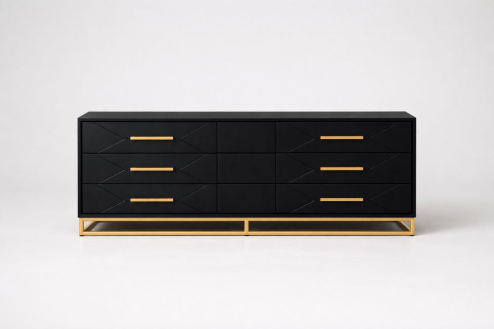Cassettiera Rettangolare in Legno Composito Nero con Maniglie in Ottone