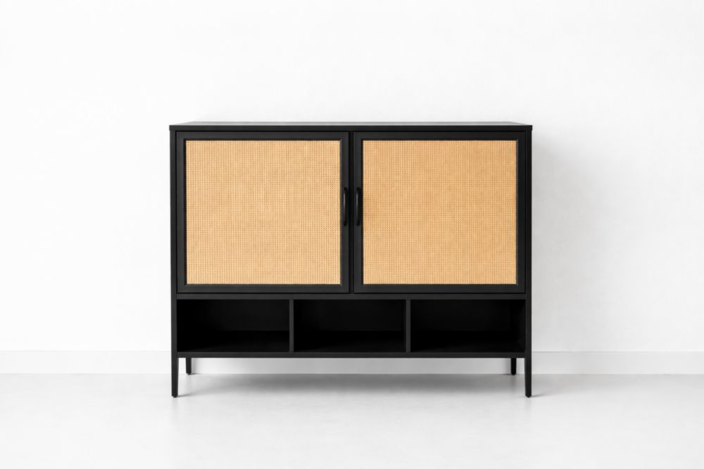 Credenza in Legno e Metallo con Ante in Rattan Nero e Naturale