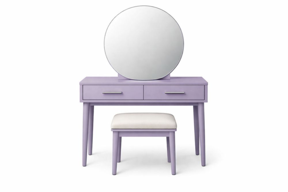 Tavolo da Trucco in Legno con Specchio Rotondo e Sgabello Viola