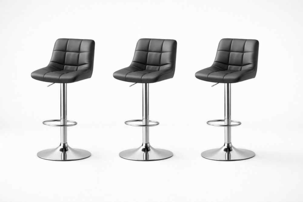 Set di 3 sgabelli in ecopelle nera con base in metallo cromato