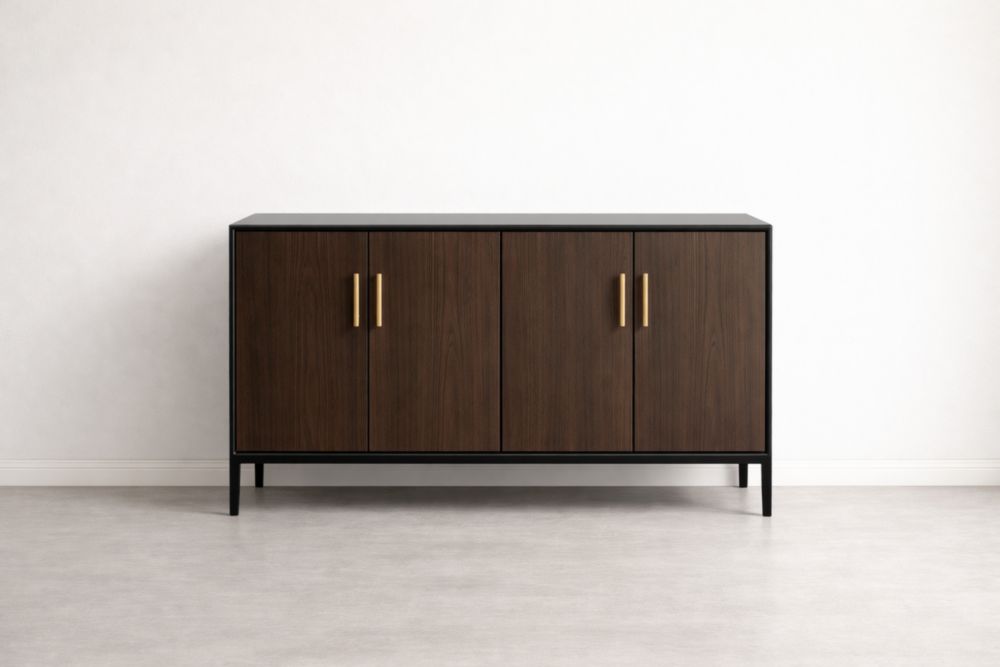 Credenza in legno con maniglie in metallo dorato