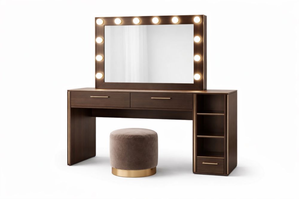 Tavolo da Toeletta in Legno Marrone con Specchio Illuminato e Sgabello