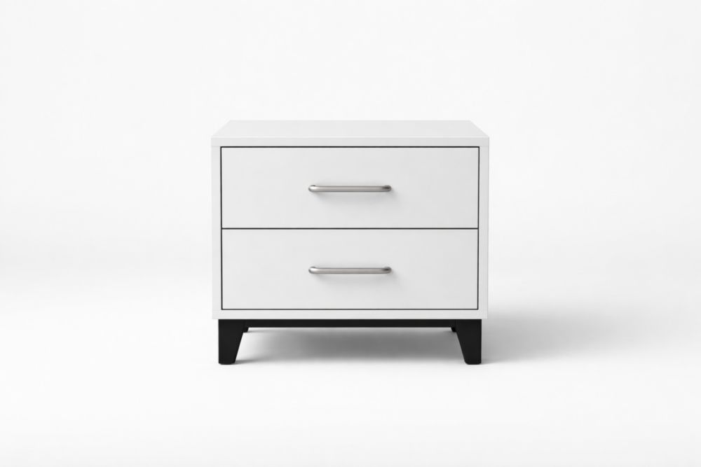 Comodino a 2 cassetti in legno MDF bianco con maniglie in metallo