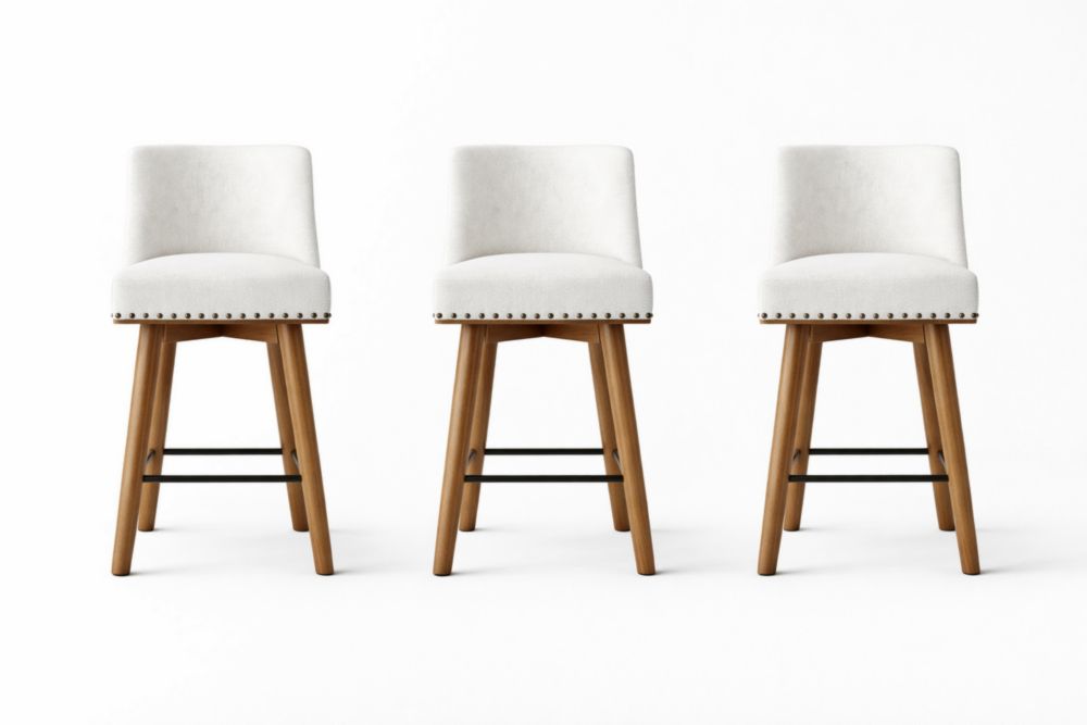 Set di 3 Sgabelli da Bar in Tessuto Bianco con Gambe in Legno