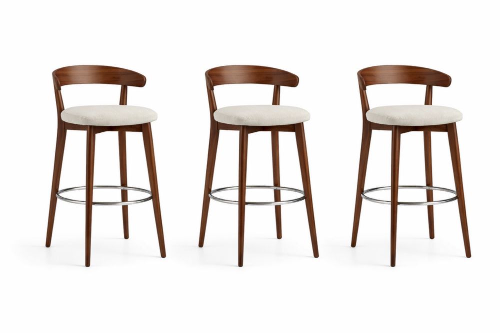 Set di sgabelli da bar in legno con seduta in tessuto beige e poggiapiedi in metallo