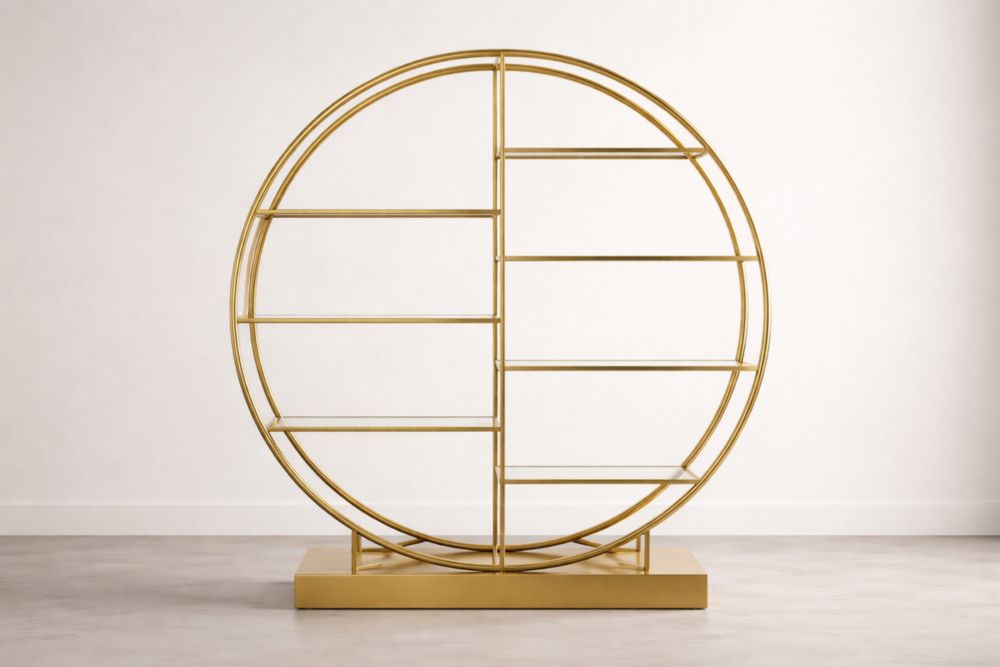 Libreria rotonda in metallo oro 180x180x30 cm