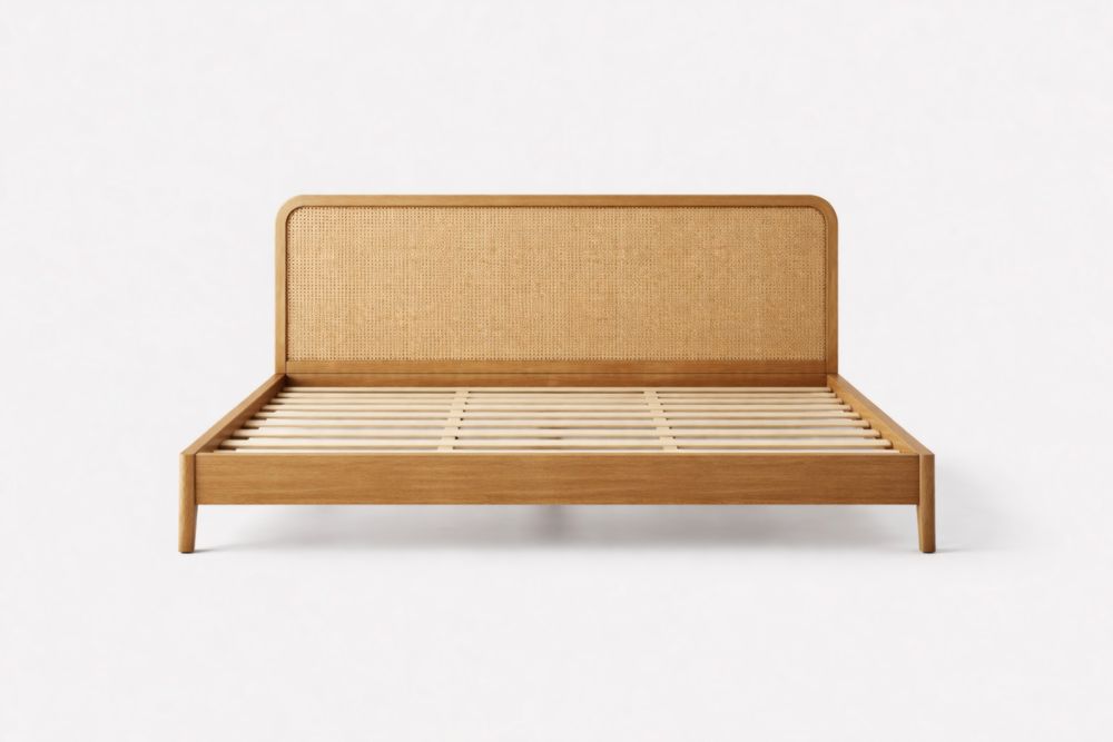 Letto matrimoniale in legno di quercia e rattan