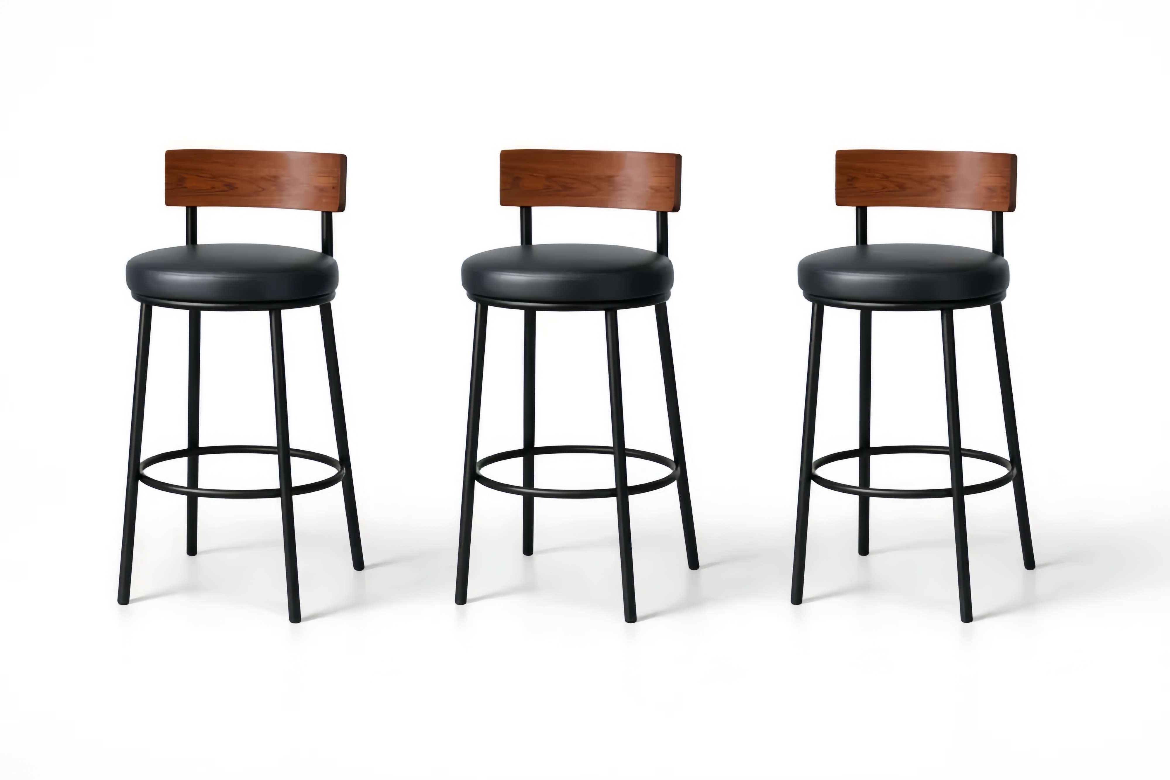 Set da 3 sgabelli da bar in metallo e legno con seduta in pelle sintetica nera