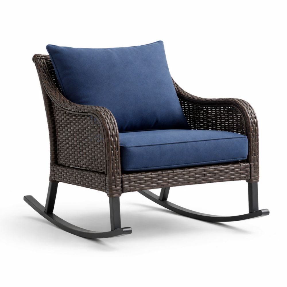 Fauteuil à bascule en résine tressée coussins bleu