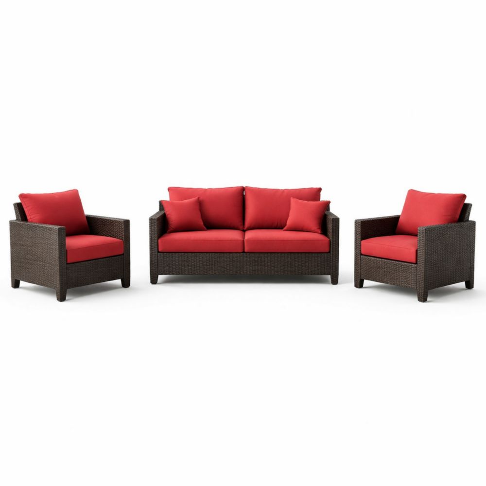 Ensemble de salon en rotin coussins rouges