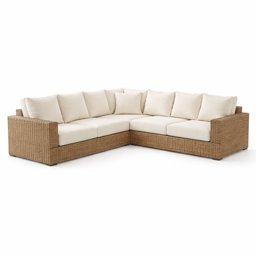 Canapé d'angle extérieur en rotin avec coussins écrus