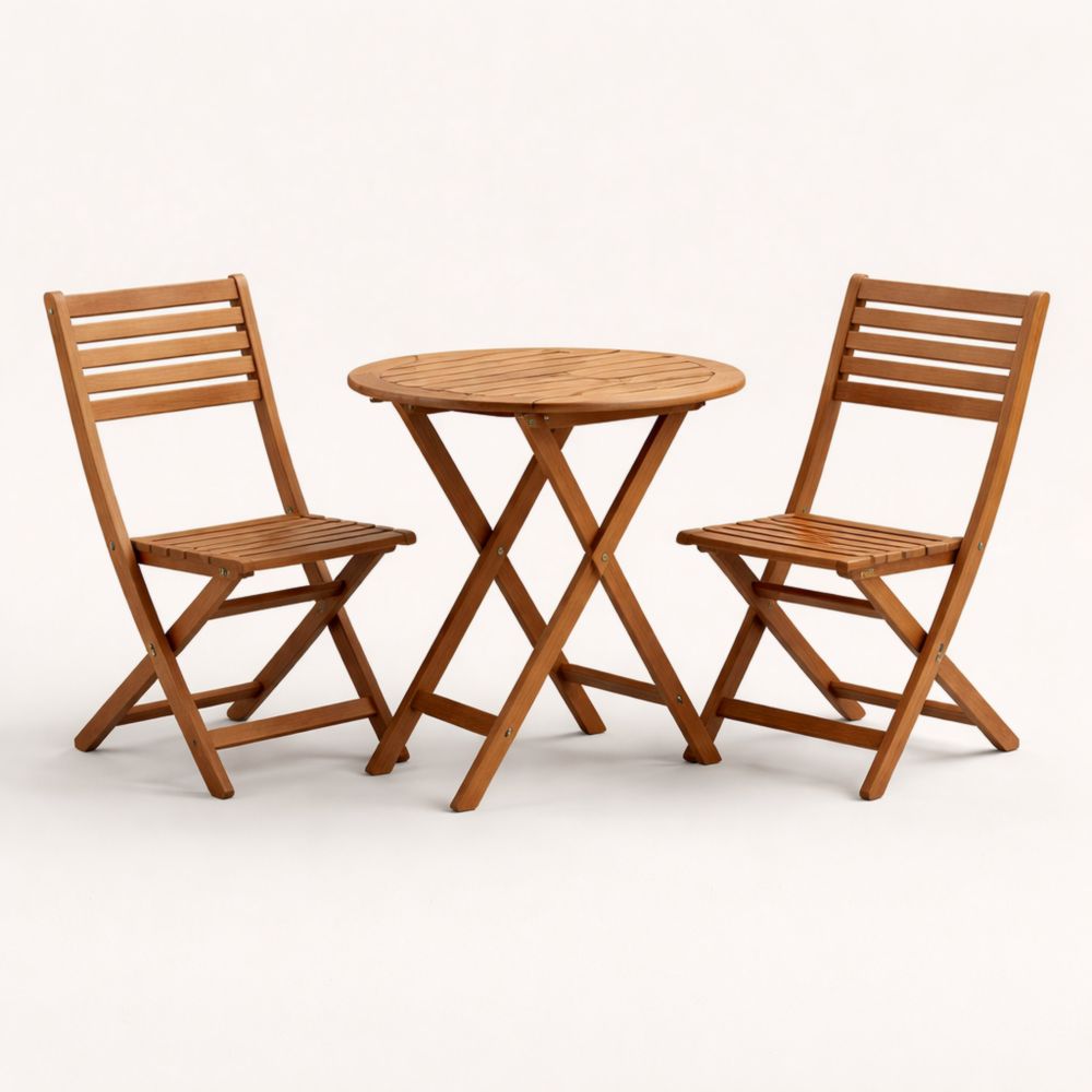 Ensemble de jardin pliable en bois d'acacia avec table ronde et 2 chaises
