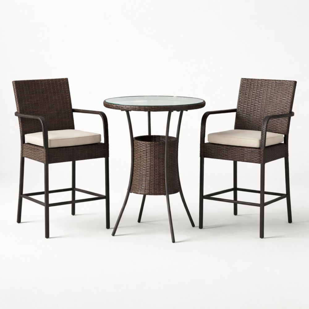 Ensemble table haute et chaises en résine marron avec plateau en verre et coussins beiges