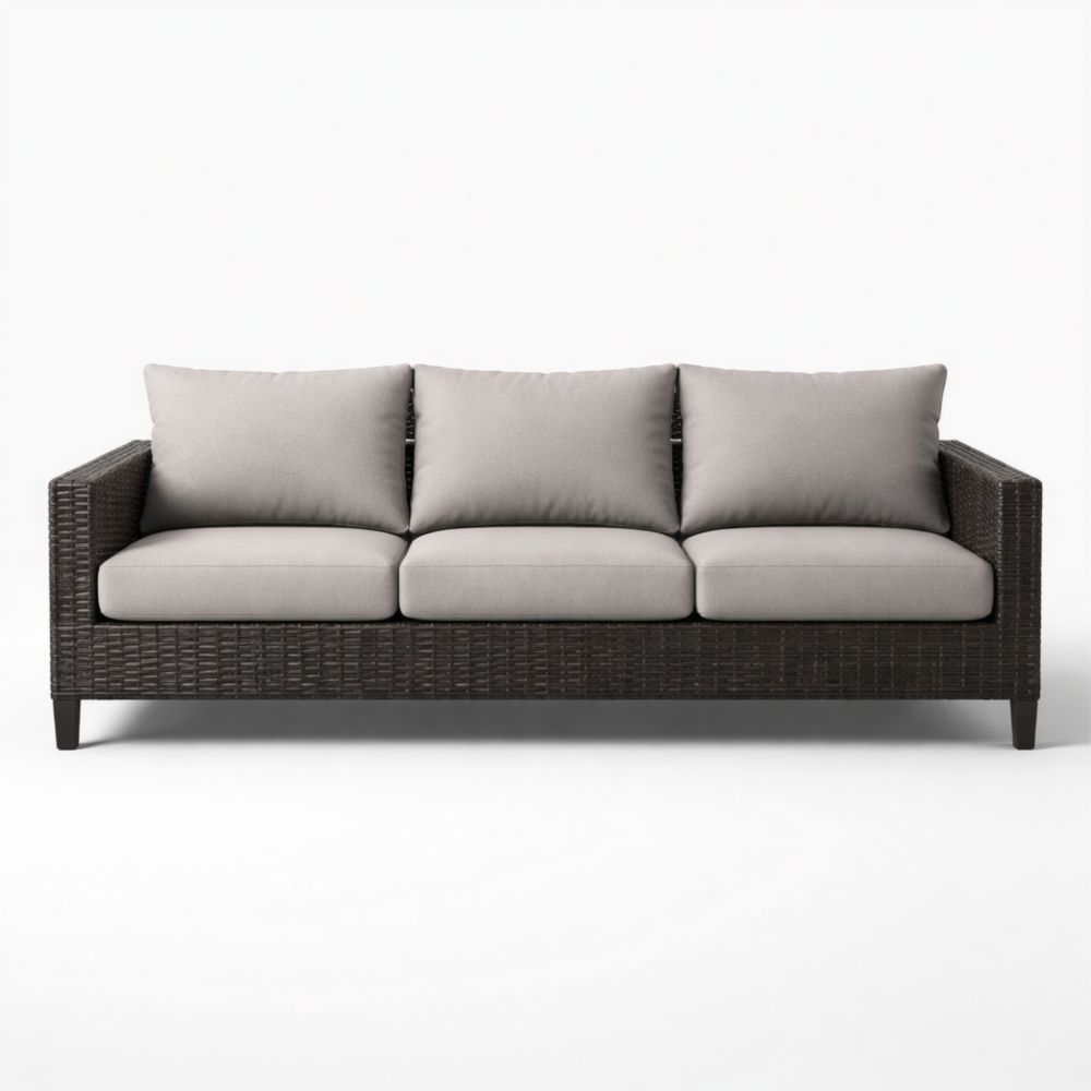 Canapé 3 places résine tressée marron foncé coussins gris