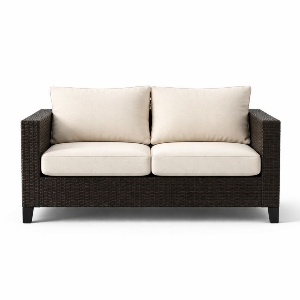 Canapé en rotin synthétique 2 places avec coussins beiges