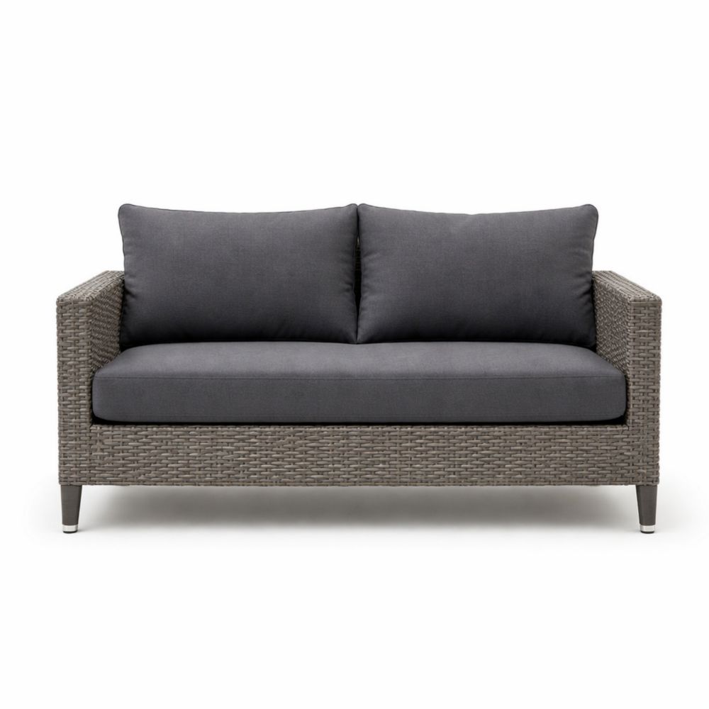 Canapé 2 Places Résine Tressée Coussin en Tissu Gris