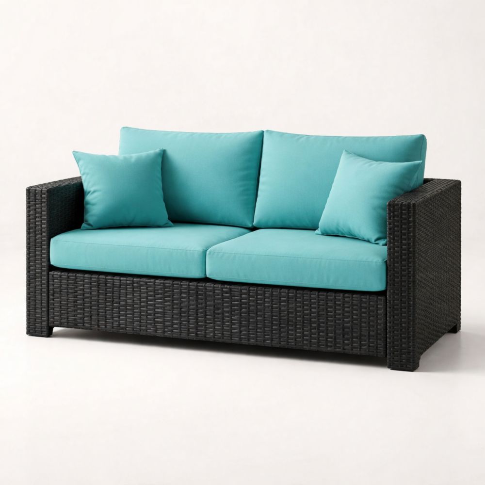 Canapé en résine tressée avec coussins en polyester turquoise