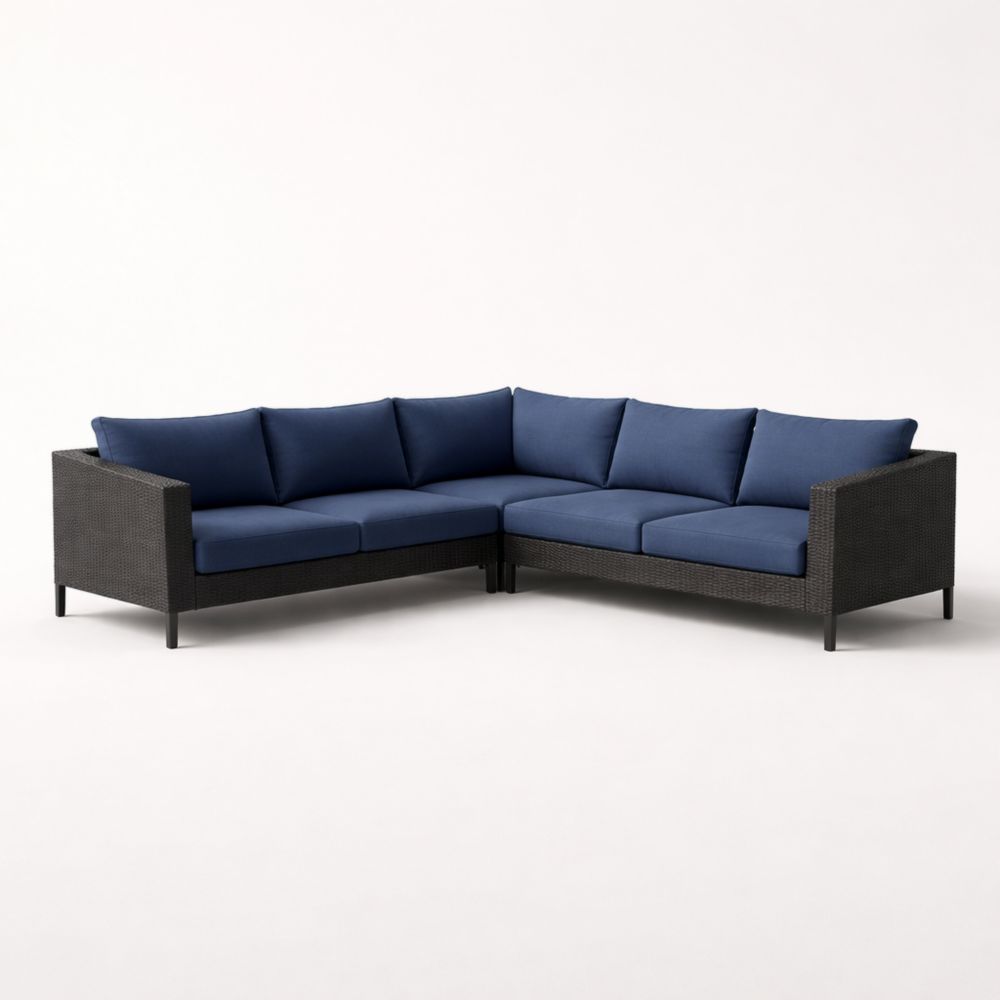 Canapé d'angle extérieur en résine tressée avec coussins bleus