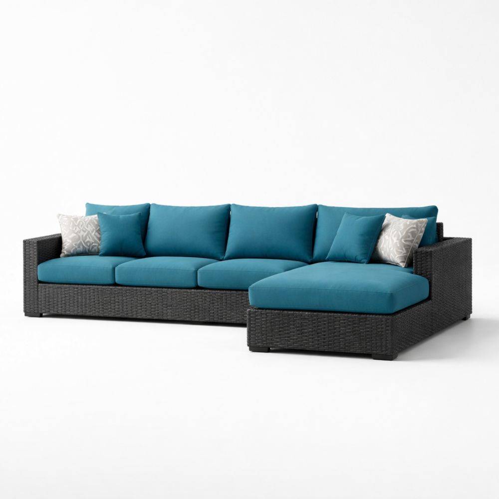 Canapé d'angle en résine tressée avec coussins bleus