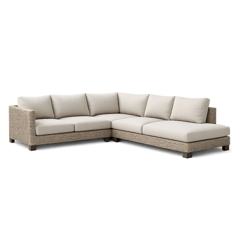 Canapé d'angle modulable extérieur en résine tressée, coussins en tissu beige