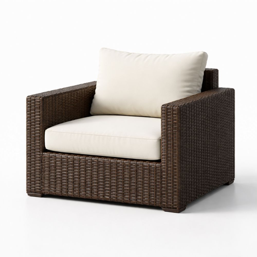 Fauteuil rotin synthétique marron avec coussins écrus