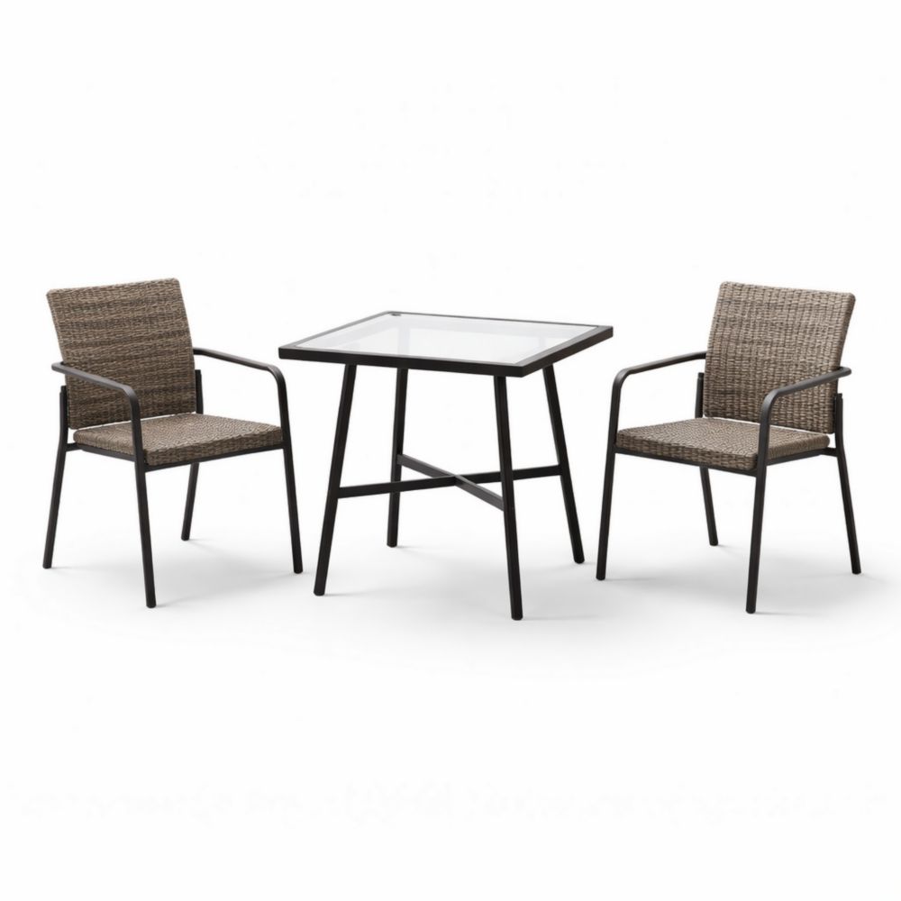 Ensemble de jardin en acier et rotin avec table en verre trempé