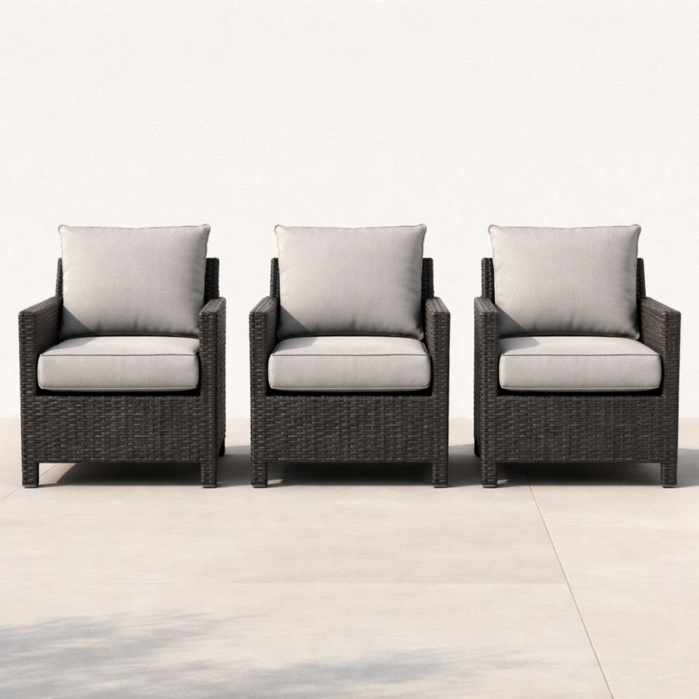 Lot de 3 fauteuils en résine tressée avec coussins en polyester gris