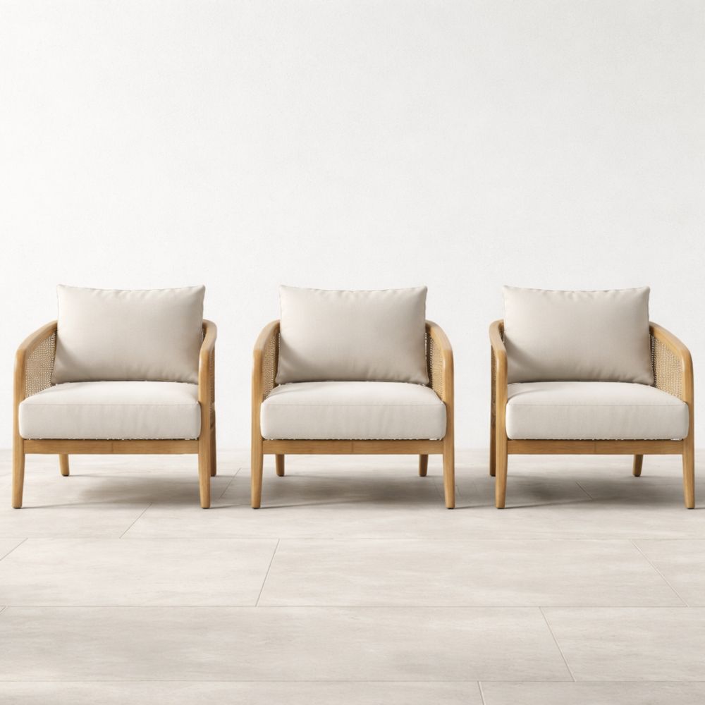 Fauteuil en bois avec coussins en polyester beige lot de 3