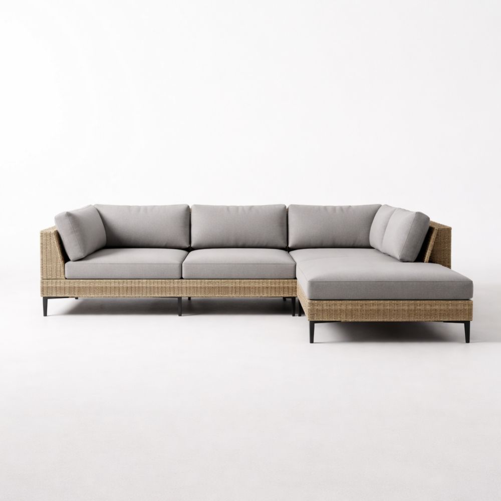 Canapé d'angle en rotin synthétique gris coussins en polyester