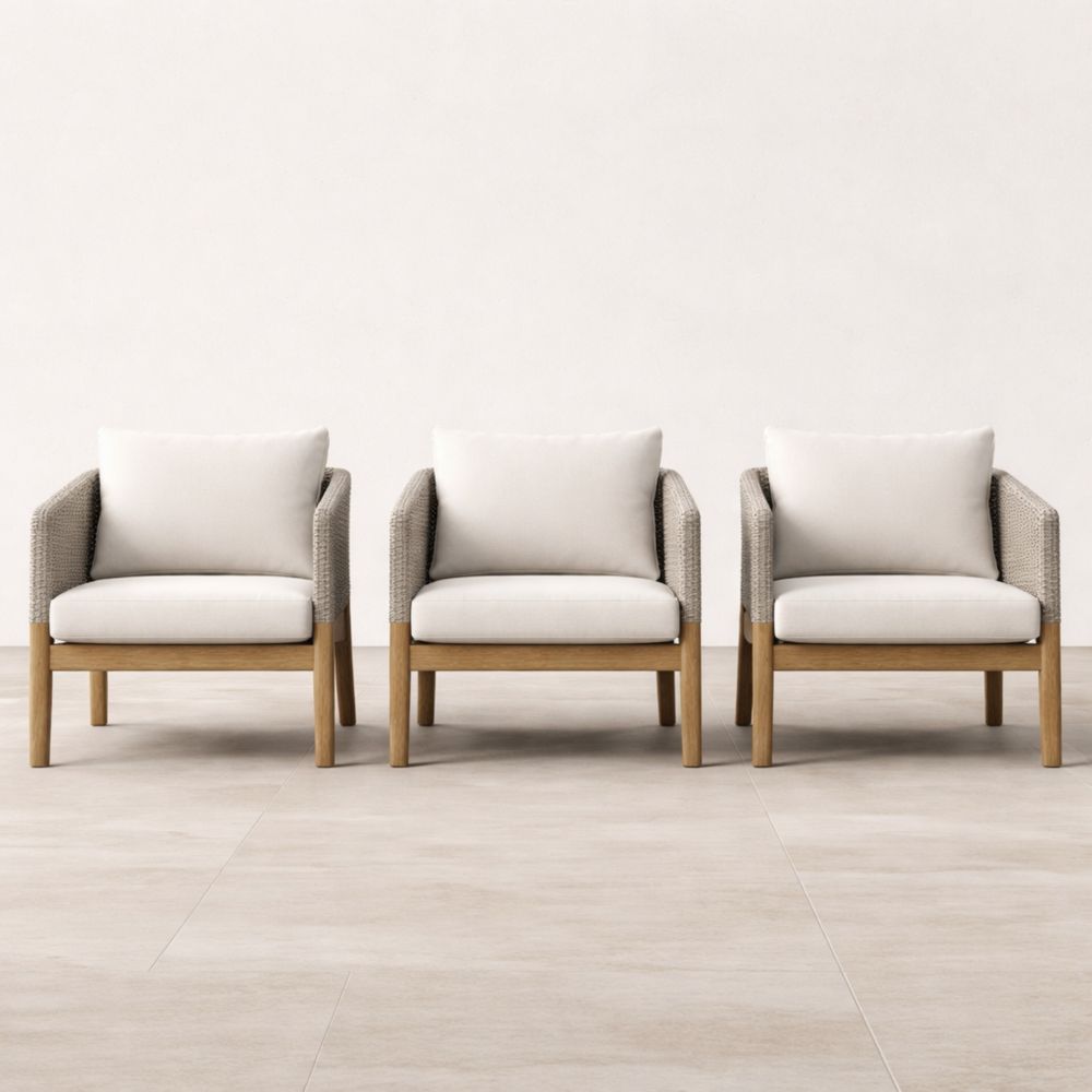 Lot de Trois Fauteuils en Bois et Tissu Beige