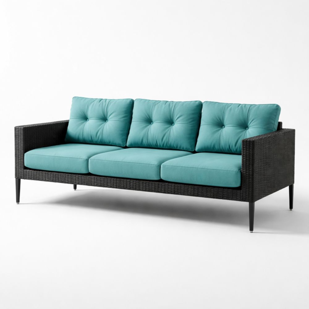 Canapé 3 places en résine tressée avec coussins turquoise