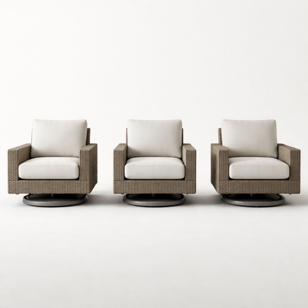 Ensemble de trois fauteuils pivotants en résine tressée coussins blancs