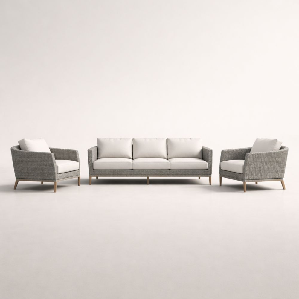 Canapé 3 places et 2 fauteuils en résine tressée Gris avec coussins Blancs